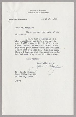 [Letter from Deerfield Academy to Mr. Harris Kempner, April 15, 1957]