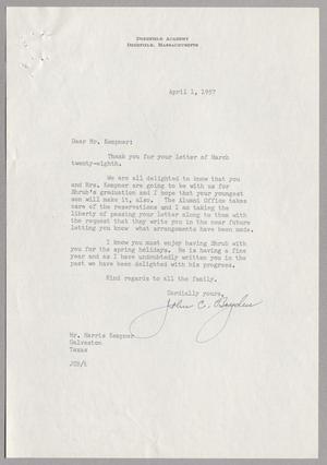 [Letter from Deerfield Academy to Mr. Harris Kempner, April 1, 1957]