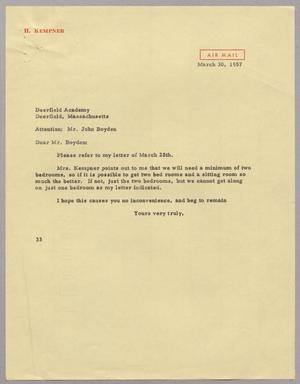 [Letter from Harris L. Kempner to Deerfield Academy, March 30, 1957]