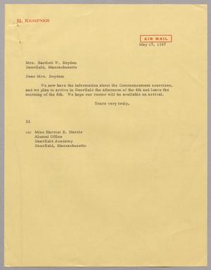 [Letter from Harris L. Kempner to Mrs. Bartlett W. Boyden, May 17, 1957]