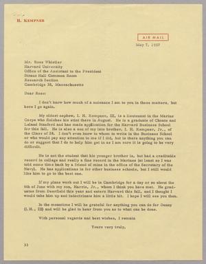 Primary view of object titled '[Letter from Harris L. Kempner to Mr. Ross Whistler, May 7, 1957]'.