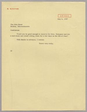 [Letter from Harris L. Kempner to The Ritz Hotel, May 6, 1957]