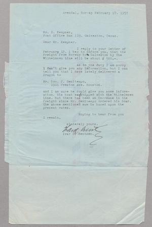 [Letter from Ivar H. Bentzen to Mr. H. Kempner, February 18, 1957]