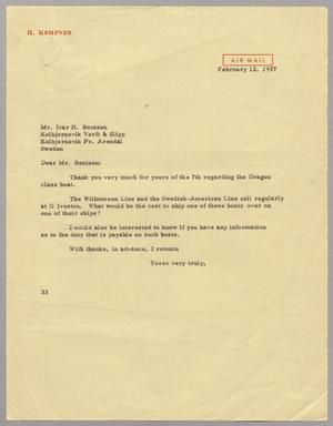 [Letter from Harris L. Kempner to Mr. Ivar H. Bentzen, February 12, 1957]