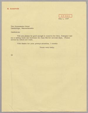 [Letter from Harris L. Kempner to The Commander Hotel, May 1, 1957]