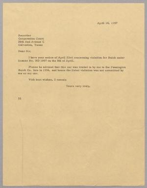 [Letter from Harris L. Kempner to Recorder, April 18, 1957]
