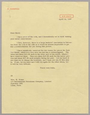 [Letter from Harris L. Kempner to Mrs. H. Evans, April 16, 1957]