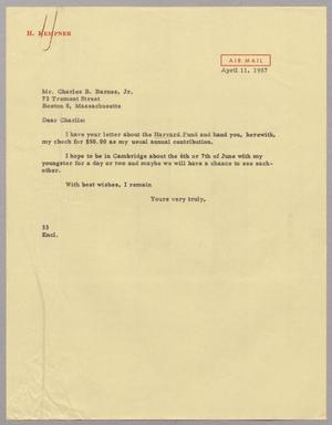 Primary view of object titled '[Letter from Harris L. Kempner to Mr. Charles B. Barnes, Jr., April 11, 1957]'.