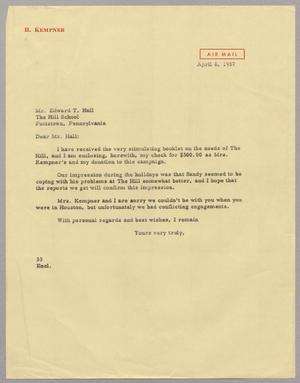 [Letter from Harris L. Kempner to Mr. Edward T. Hall, April 8, 1957]