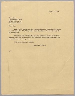 [Letter from Harris L. Kempner to Recorder, April 6, 1957]