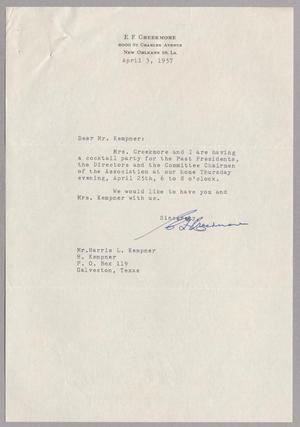 [Letter from E. F. Creekmore to Harris L. Kempner, April 3, 1957]