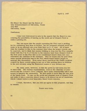 [Letter from Harris L. Kempner to His Honor the Mayor and the Board of City Commissioners, April 2, 1957]