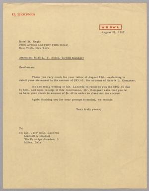 [Letter from T. E. Taylor to the Hotel St. Regis, August 22, 1957]