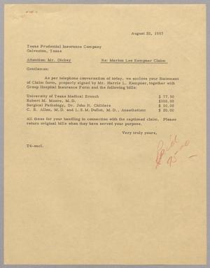 [Letter from T. E. Taylor to the Texas Prudential Insurance Company, August 20, 1957]