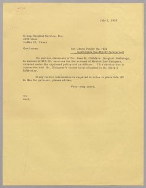 [Letter from T. E. Taylor to Group Hospital Service, Inc., July 1, 1957]