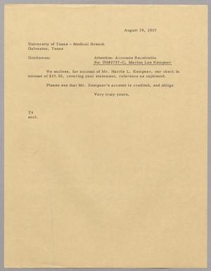 [Letter from T. E. Taylor to University of Texas Medical Branch, August 19, 1957]