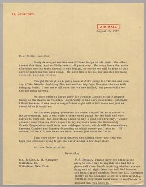 [Letter from Harris L. Kempner to Mr. & Mrs. I. H. Kempner, August 17, 1957]