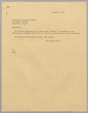 [Letter from T. E. Taylor to Leon Blum Insurance Agency, August 9, 1957]