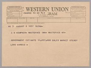[Telegram from Harris Kempner to Isaac H. Kempner, August 8, 1957]