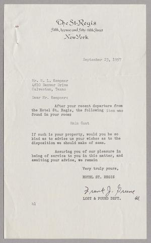[Letter from Frank J. Greene to Harris L. Kempner, September 23, 1957]