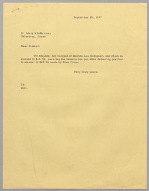 [Letter from T. E. Taylor to St. Mary's Infirmary, September 25, 1957]