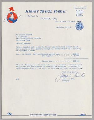 [Letter from Harvey Travel Bureau to Mr. Harris Kempner, September 9, 1957]