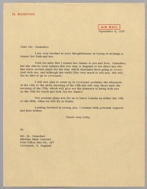 [Letter from Harris L. Kempner to Mr. M. Conacher, September 4, 1957]