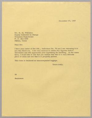 [Letter from Harris L. Kempner to Mr. N. M. Williams, December 17, 1957]