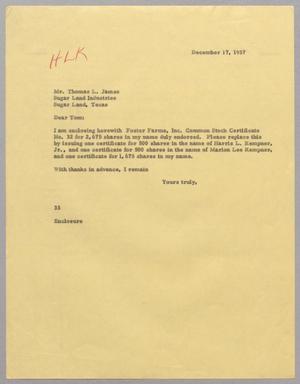 Primary view of object titled '[Letter from Harris L. Kempner to Thomas L. James, December 17, 1957]'.