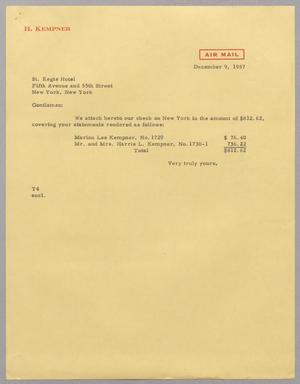 [Letter from T. E. Taylor to St. Regis Hotel, December 9, 1957]