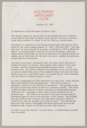 [Letter from Galveston Artillery Club, October 22, 1957]