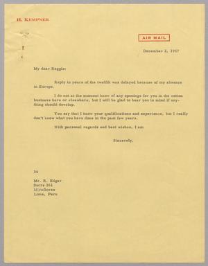 [Letter from Harris L. Kempner to R. Edgar, December 2, 1957]