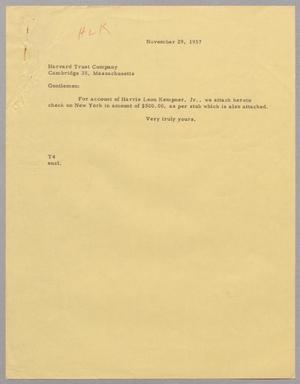 [Letter from T. E. Taylor to Harvard Trust Company, November 29, 1957]