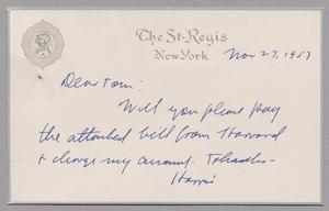 Primary view of object titled '[Postal Card from Harris Leon Kempner to Thomas Leroy James, November 27, 1957]'.