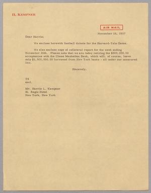 [Letter from T. E. Taylor to Mr. Harris L. Kempner, November 18, 1957]