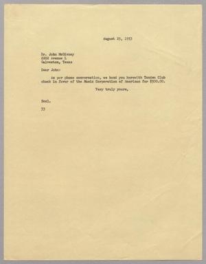 [Letter from Harris Leon Kempner to John McGivney, August 25, 1953]