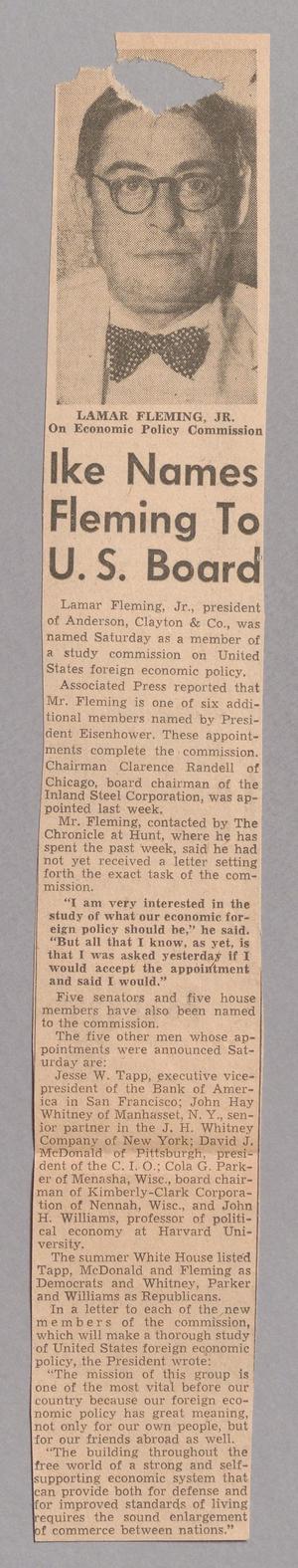 Primary view of object titled '[Clipping: Ike Names Fleming To U.S. Board]'.