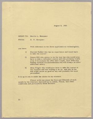 Primary view of object titled '[Letter from D. W. Kempner to Harris L. Kempner, August 8, 1953]'.