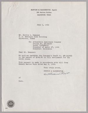 [Letter from Burton & Backenstoe to Harris L. Kempner, June 1, 1953]