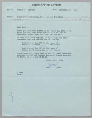 [Inter-Office Letter from Thomas L. James to Harris Leon Kempner, December 22, 1960]