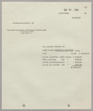 [First National City Bank of New York Check Stub No. 8-733]