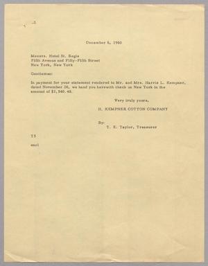 [Letter from T. E. Taylor to Hotel St. Regis, December 6, 1960]