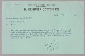 [Message from Arthur M. Alpert to Robert Lee Kempner, July 13,1962]