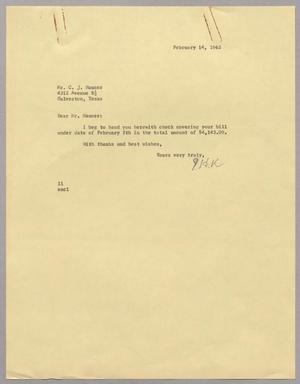 [Letter from Isaac H. Kempner to C. J. Hauser, February 14, 1962]