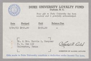 [Receipt for Gift to Duke University, February 1963]