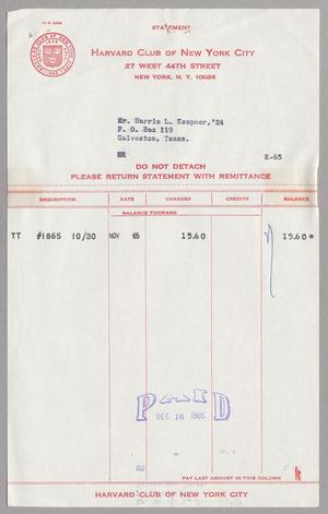 [Invoice for Balance Due to Harvard Club of New York City, November 1965]