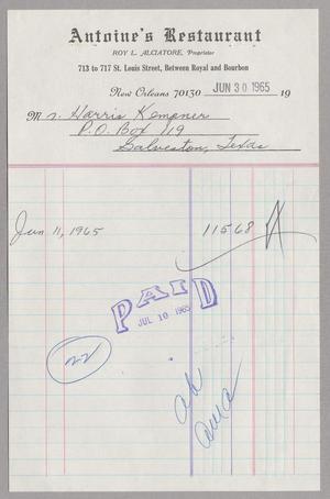 [Invoice for Balance Due to Antoine's Restaurant, June 1965]