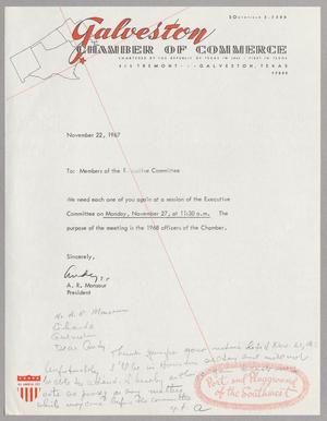 [Letter from Galveston Chamber of Commerce to Members of the Executive Committee, November 22, 1967]