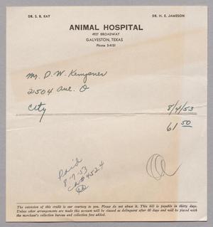 [Invoice for Balance Due to Animal Hospital, August 1953]