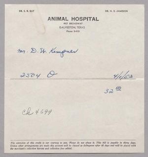[Invoice for Balance Due to Animal Hospital, April 1953]